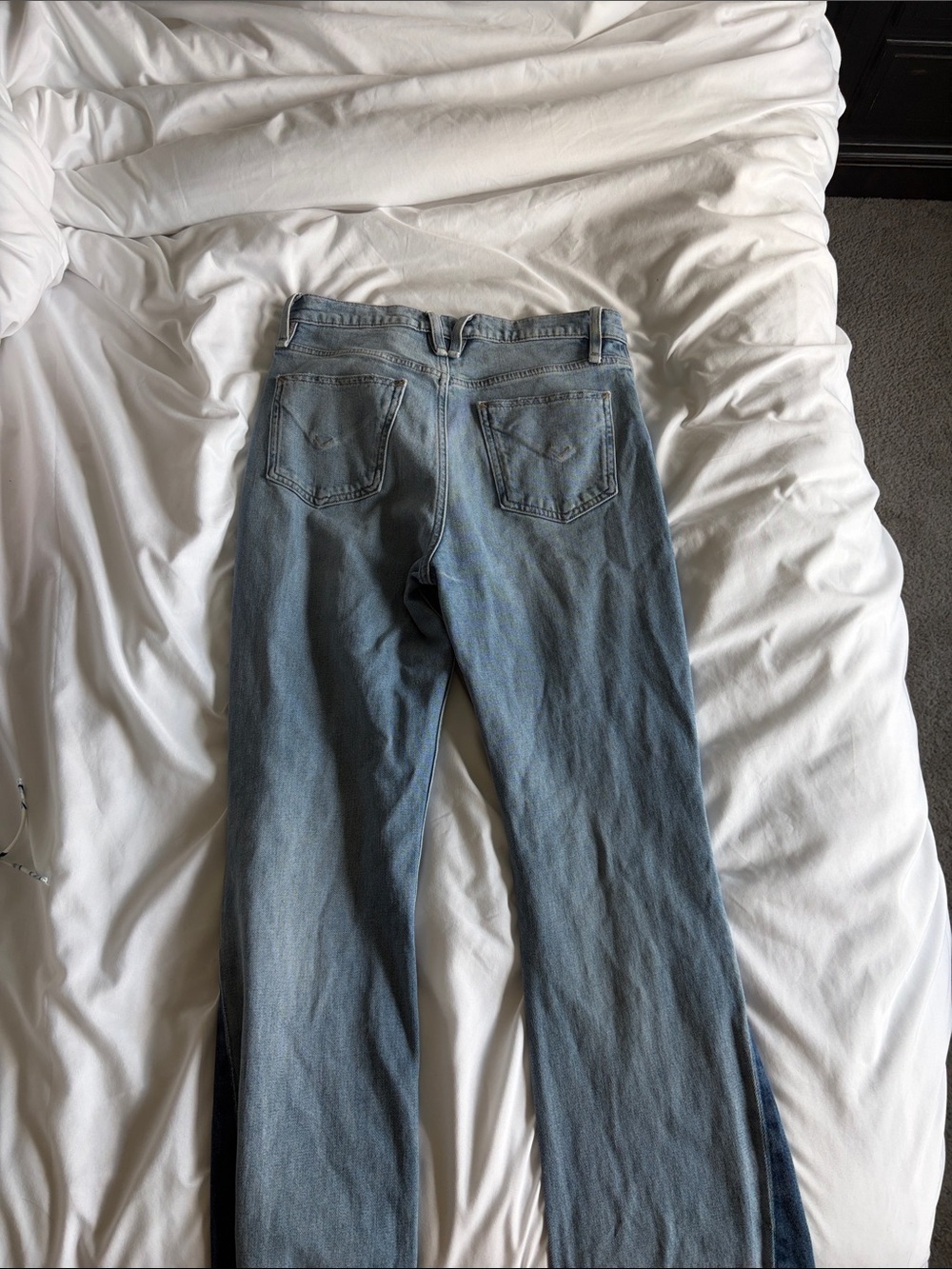 Hudson Jeans Two-Tone Light Blue Flare Jeans with Distressed Knee - Picture 3 of 3